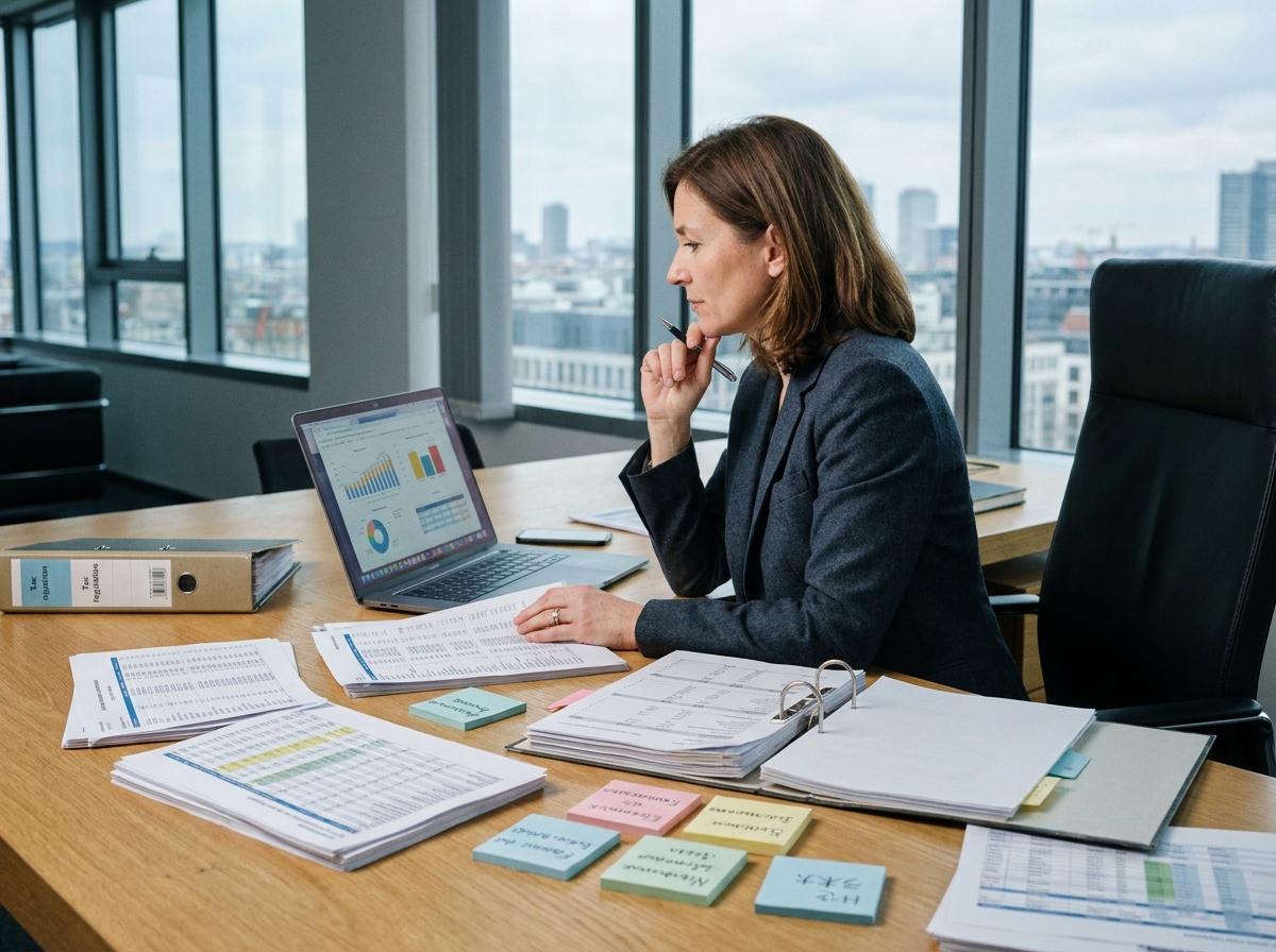 Directrice financière analysant un budget d'entreprise face à des documents fiscaux internationaux dans un bureau moderne