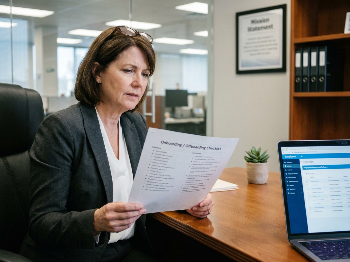 Une directrice RH examine une checklist complète d'onboarding et d'offboarding numérique dans son bureau d'entreprise