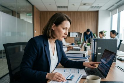 Dirigeante d'entreprise qui délègue sa comptabilité tout en consultant ses tableaux de bord financiers sur ordinateur portable au bureau