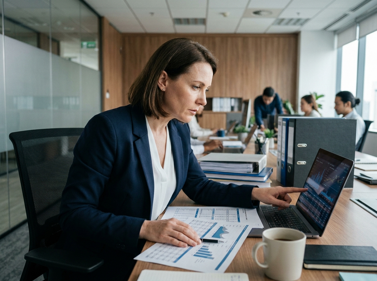 Dirigeante d'entreprise qui délègue sa comptabilité tout en consultant ses tableaux de bord financiers sur ordinateur portable au bureau