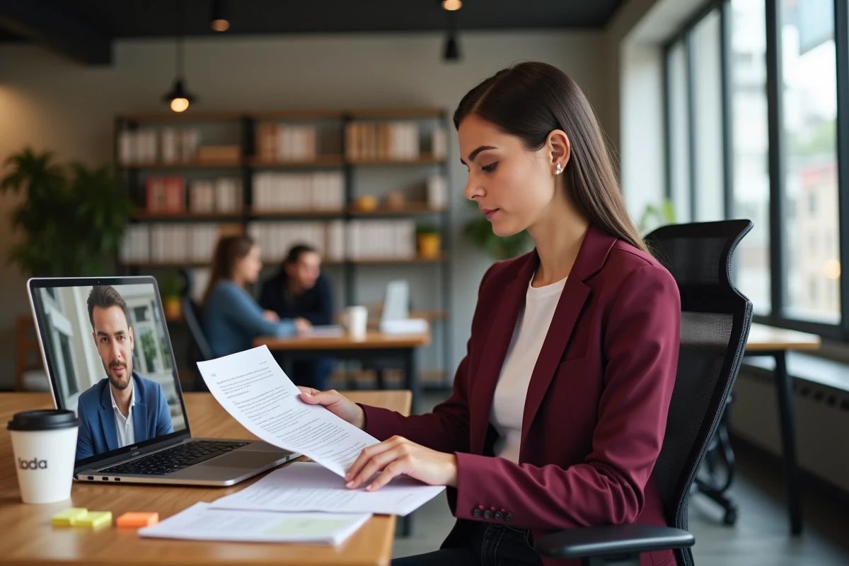 Dirigeante de PME négociant un contrat commercial en visioconférence depuis un espace de coworking moderne
