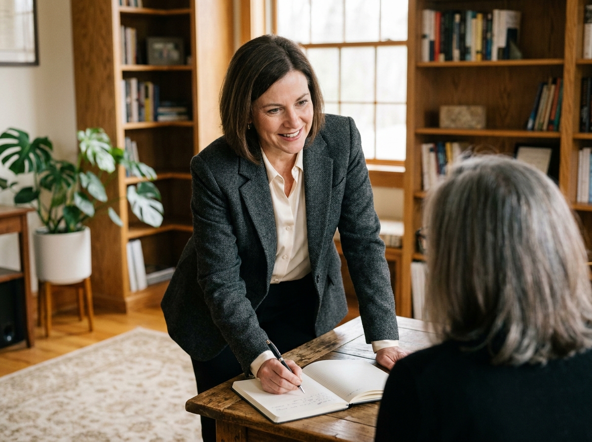 Dirigeante d'entreprise en séance de coaching individuel avec un coach professionnel, prenant des notes dans un bureau chaleureux et bienveillant