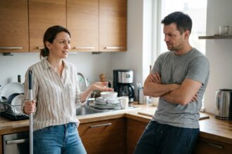 Couple en dispute dans la cuisine à propos du partage des tâches ménagères