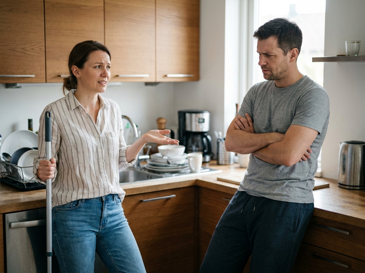 Couple en dispute dans la cuisine à propos du partage des tâches ménagères