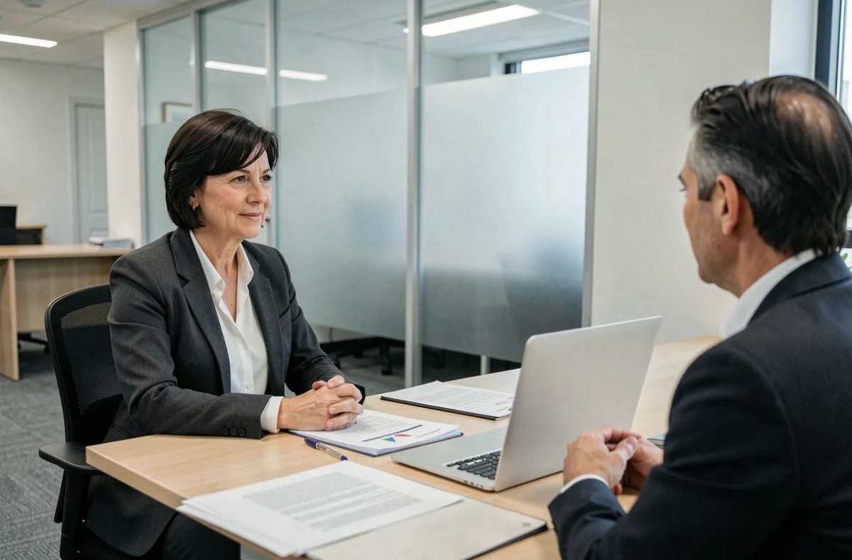Femme en portage salarial discutant de ses droits au chômage avec un conseiller emploi
