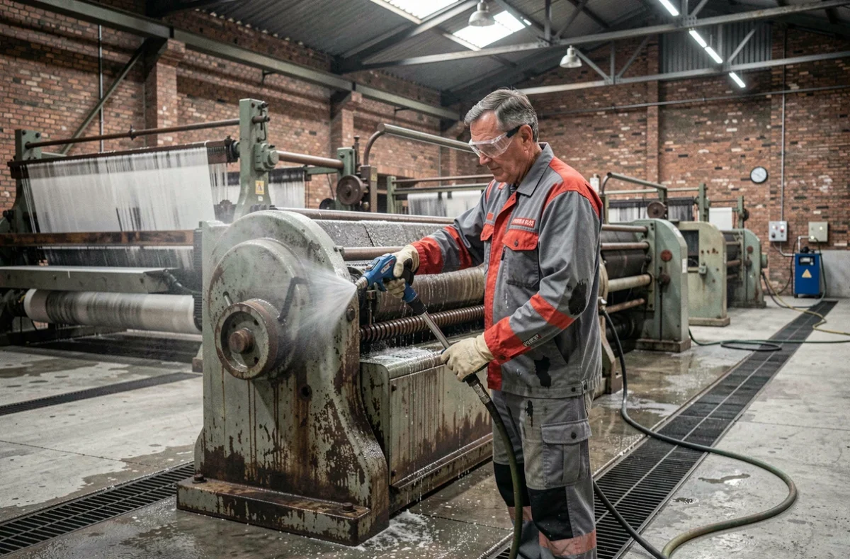 Edgar Carbonnelle de Texneuf nettoyant au jet haute pression une machine textile dans une usine industrielle du Nord