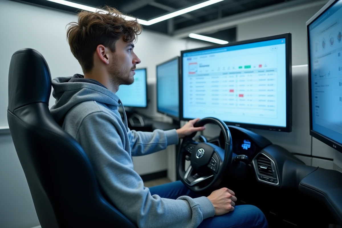 Élève en auto-école consultant son planning de leçons sur un simulateur de conduite connecté