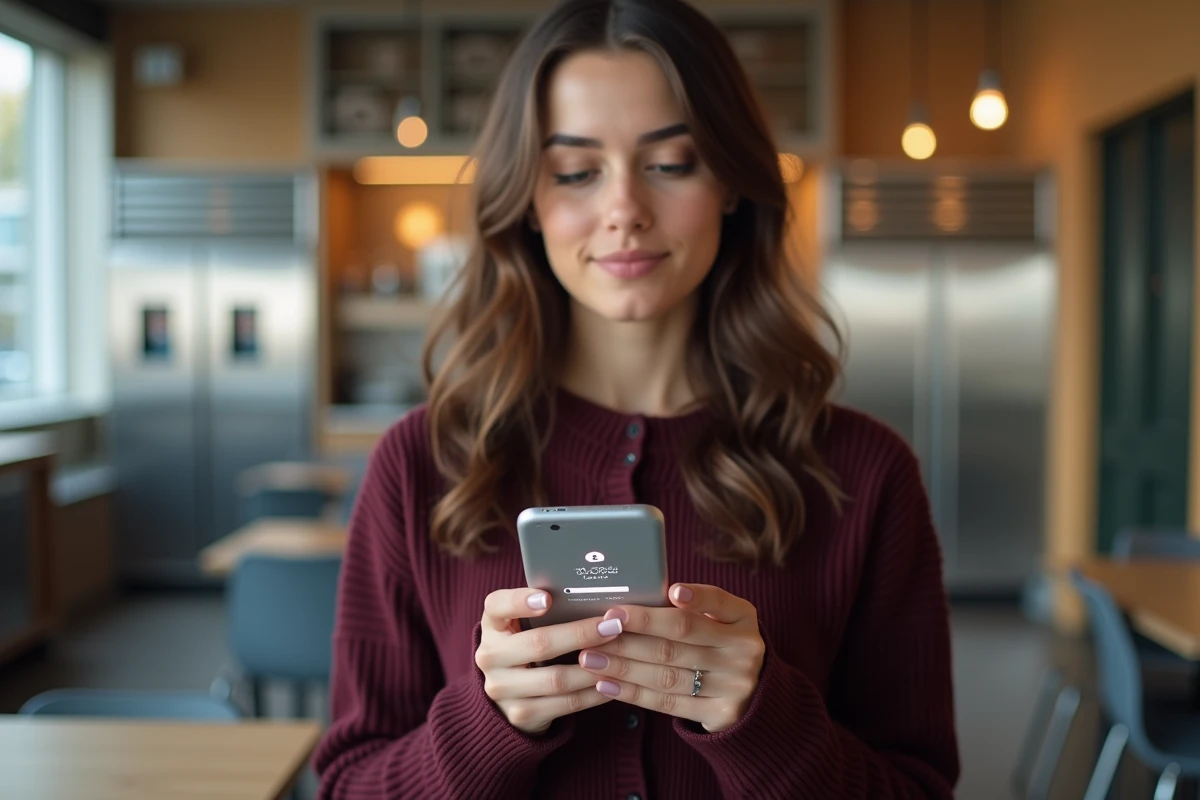 Jeune employée Auchan utilisant l'application mobile RH sécurisée Hr4you sur smartphone