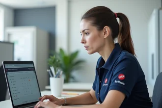 Employée La Poste consultant le portail extranet GTm sur un ordinateur portable dans un bureau administratif