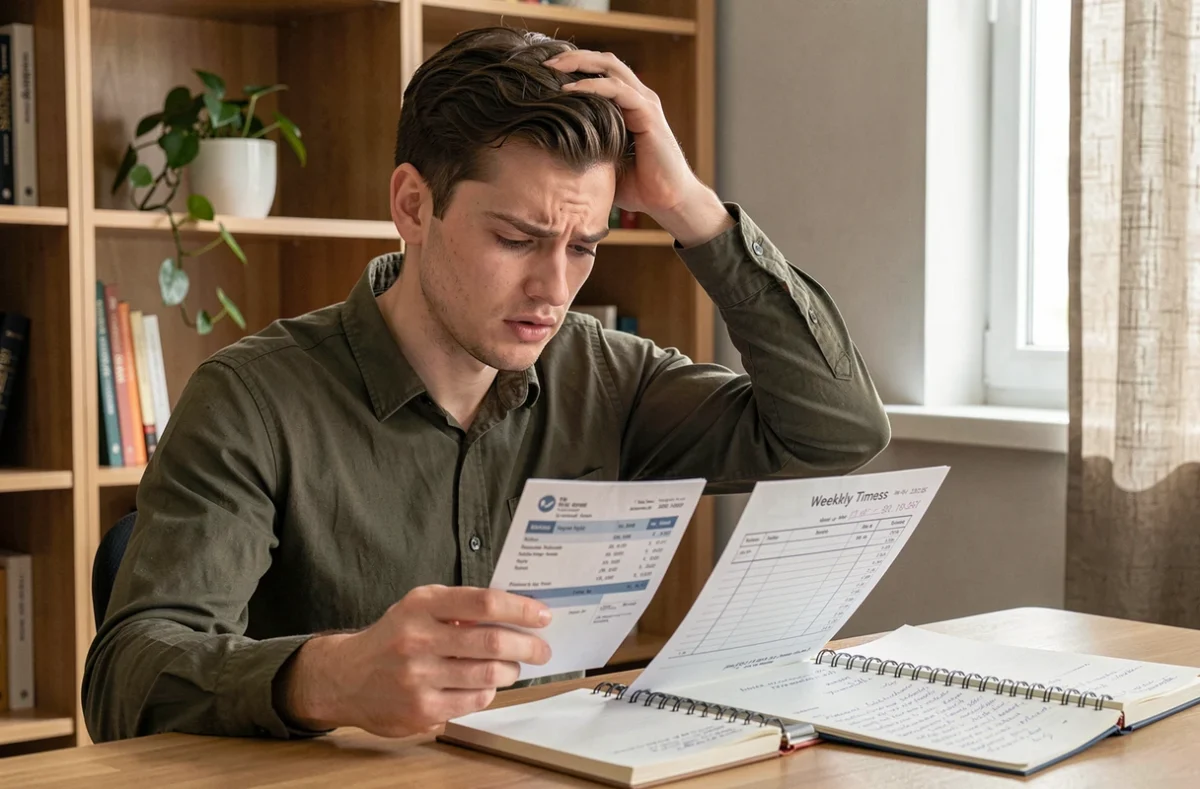 Jeune employé comparant sa fiche de paie et ses heures travaillées depuis son bureau à domicile