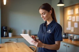 Employée Marie Blachère consultant l'intranet sur une tablette dans la salle de pause