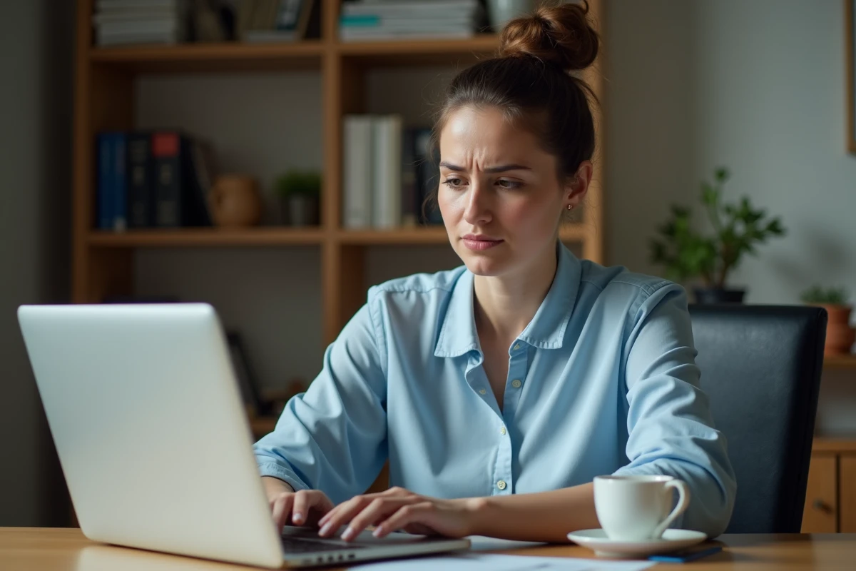 Enseignante frustrée devant son ordinateur portable tentant de récupérer son bulletin de paie sur Ensap