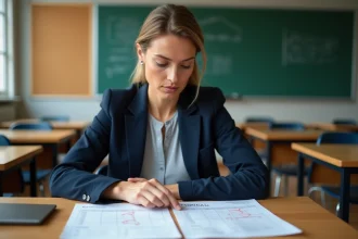 Enseignante de l'éducation nationale consultant un calendrier de paie 2026 annoté dans une salle de classe française