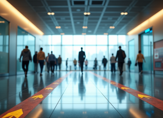 Entrée moderne d'un bureau lumineux avec signalisation
