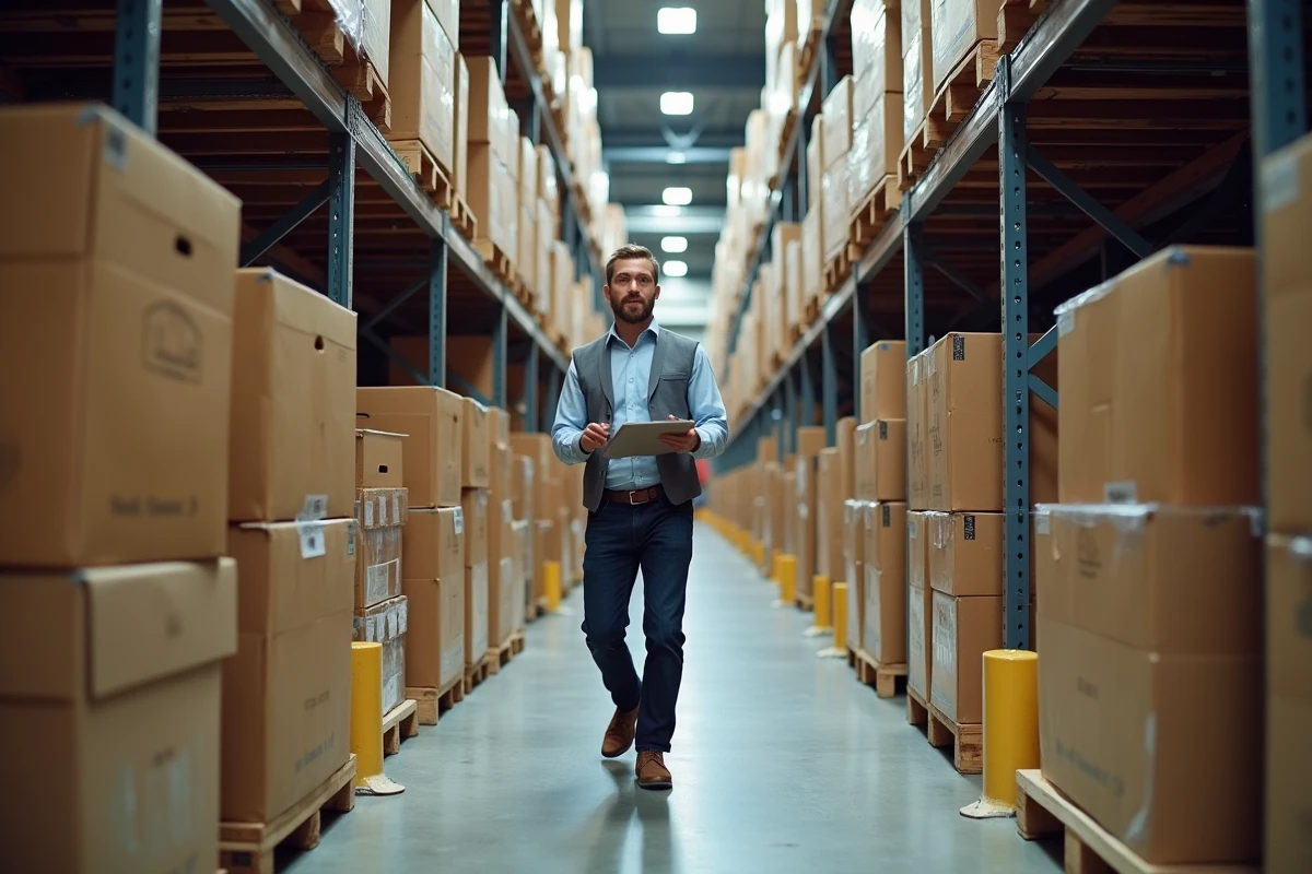 Entrepôt logistique avec des cartons de boîtes cadeaux empilés sur des palettes et un employé