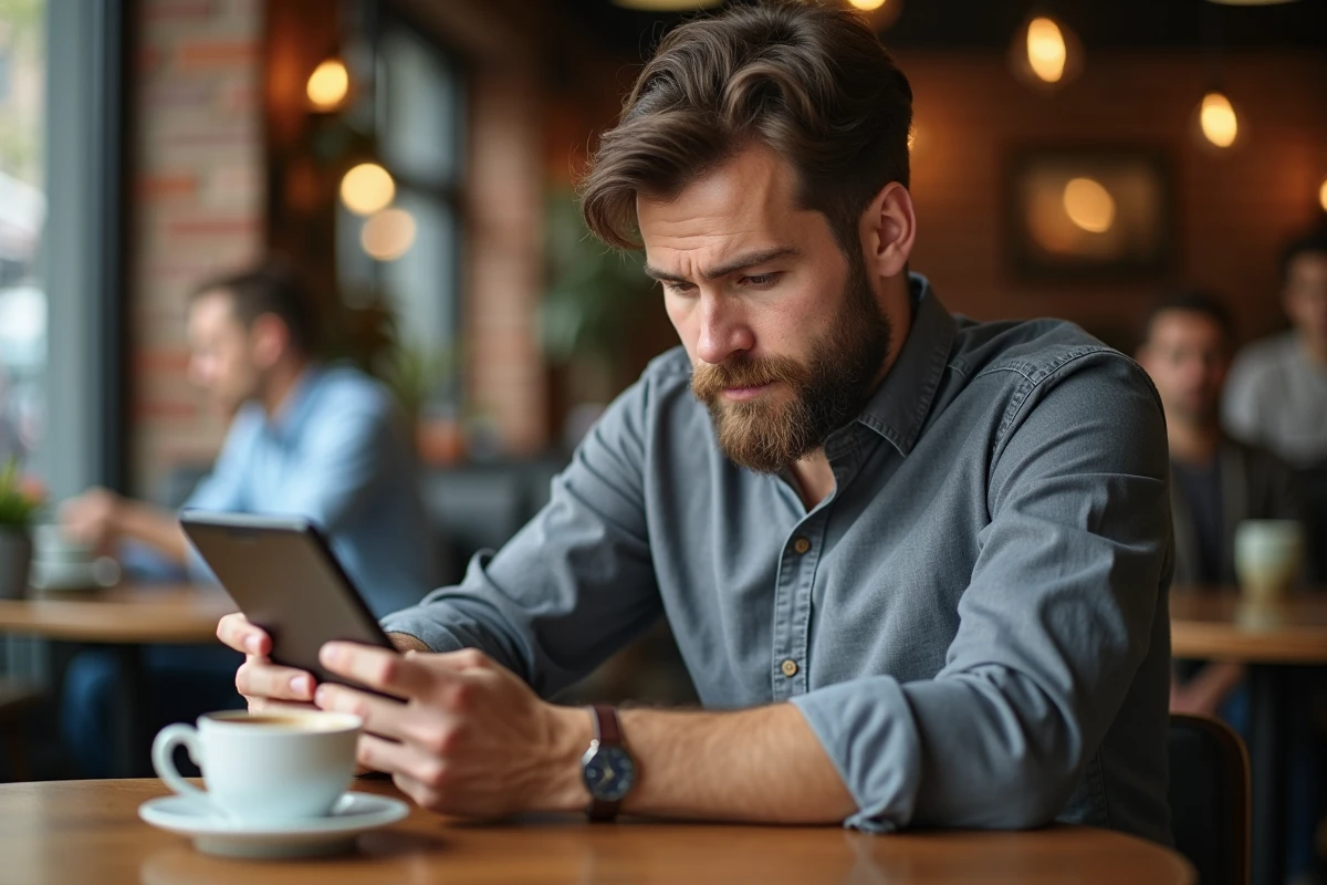 Entrepreneur masculin consultant son abonnement numérique sur tablette dans un café urbain, symbolisant l'accès flexible à l'information professionnelle