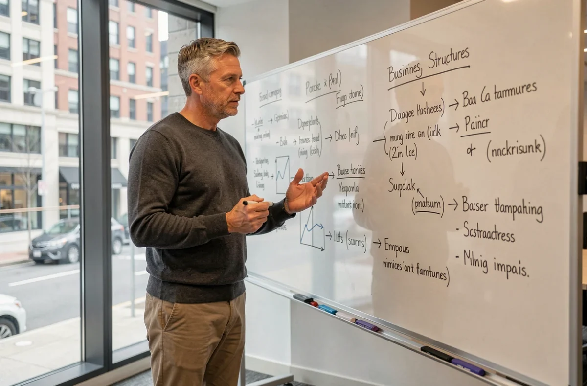 Entrepreneur masculin analysant les avantages de l'EURL face au portage salarial sur un tableau blanc en bureau moderne