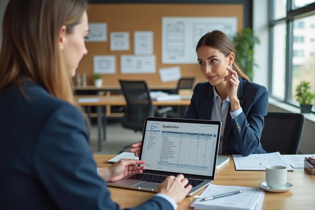 Entrepreneur BTP présentant un devis commercial détaillé à un client dans un bureau professionnel