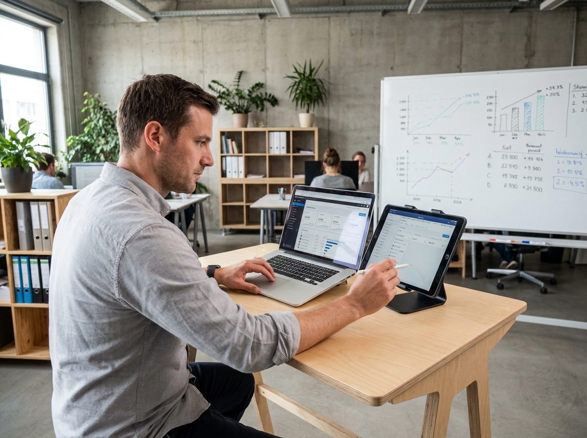 Entrepreneur comparant des solutions logicielles de trésorerie sur laptop et tablette dans un espace de travail startup
