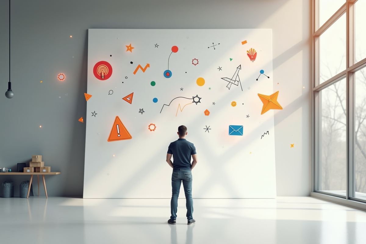 Entrepreneur devant un grand tableau blanc dans un espace minimaliste