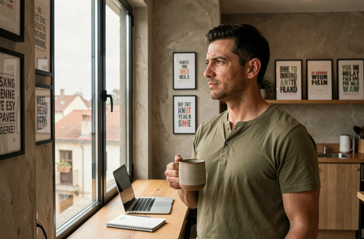 Entrepreneur pensif tenant un café près d'une fenêtre dans un coworking de Bègles, avec vue sur le quartier urbain en arrière-plan