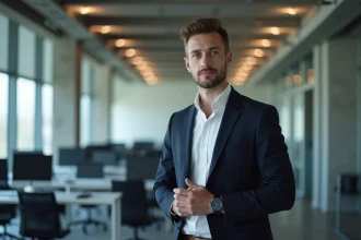 Homme grand et élancé en blazer marine dans un bureau tech moderne, illustrant le profil d'un entrepreneur de l'intelligence artificielle