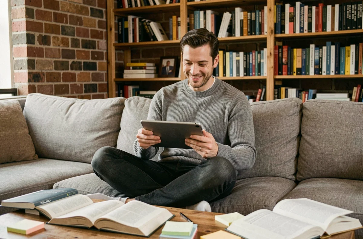 Homme entrepreneur lisant un blog business sur une tablette dans un salon cosy avec livres et notes