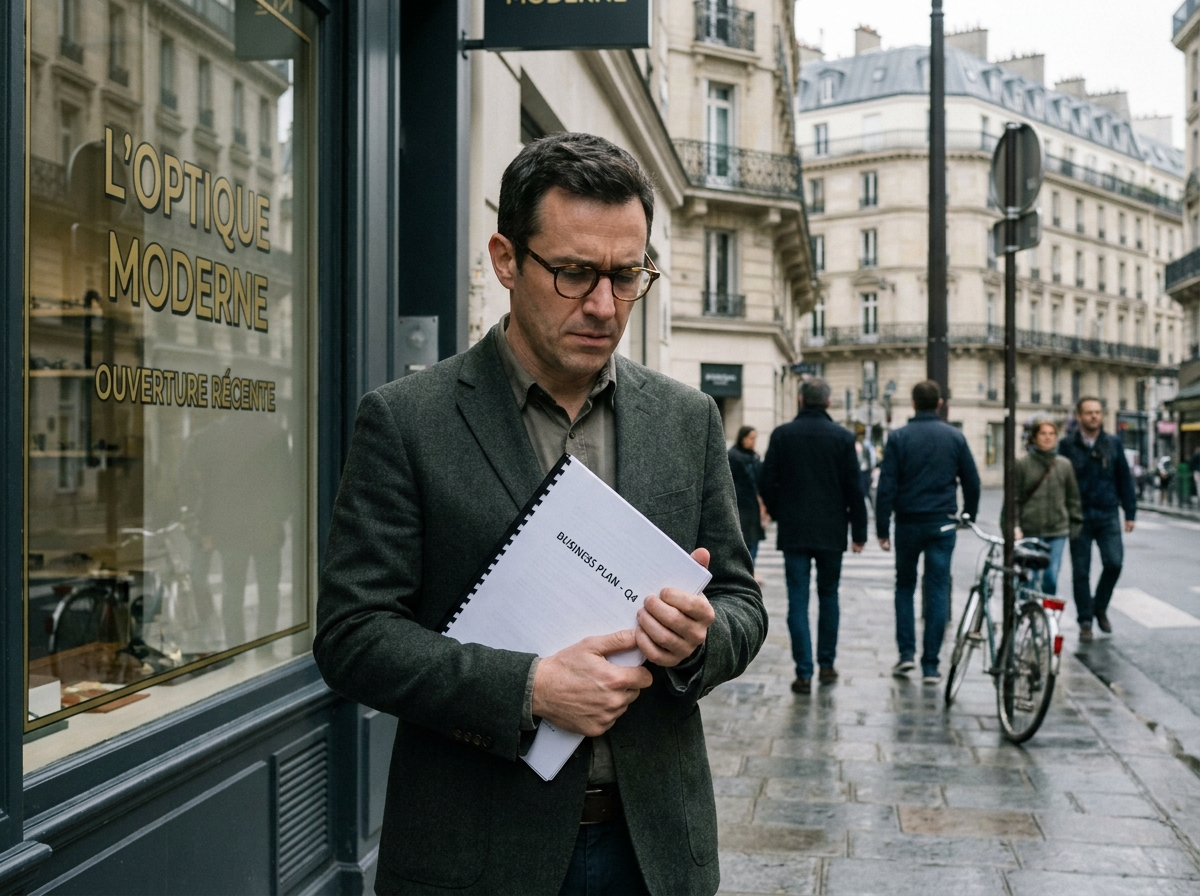 Entrepreneur opticien devant sa nouvelle boutique parisienne tenant un plan d'affaires dans une rue haussmannienne
