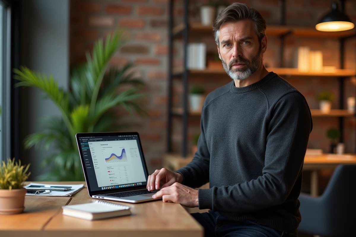 Entrepreneur masculin analysant une stratégie de prix digital sur ordinateur portable dans un espace de coworking moderne