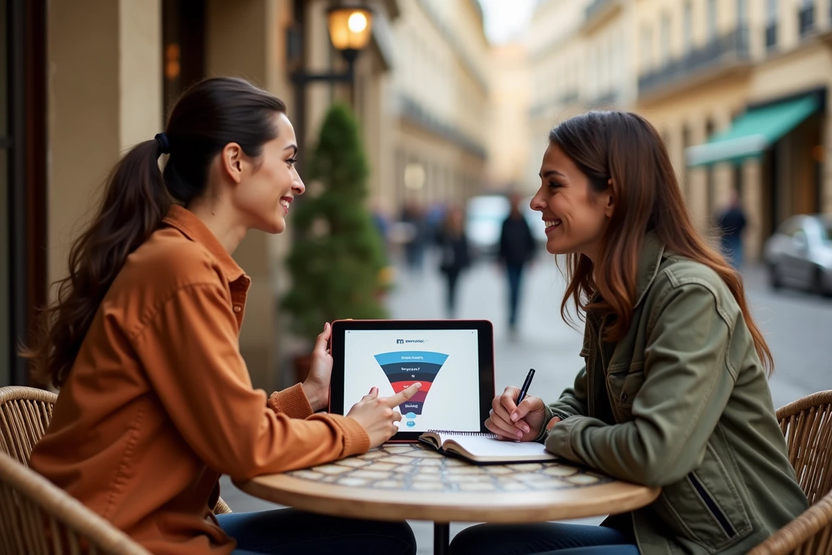 Deux entrepreneureuses discutant d'une stratégie de conversion Instagram et Stan.store autour d'un café en terrasse parisienne