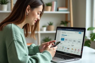 Jeune femme entrepreneureuse consultant son compte Instagram et son tableau de bord Stan.store sur ordinateur portable dans un bureau minimaliste à domicile