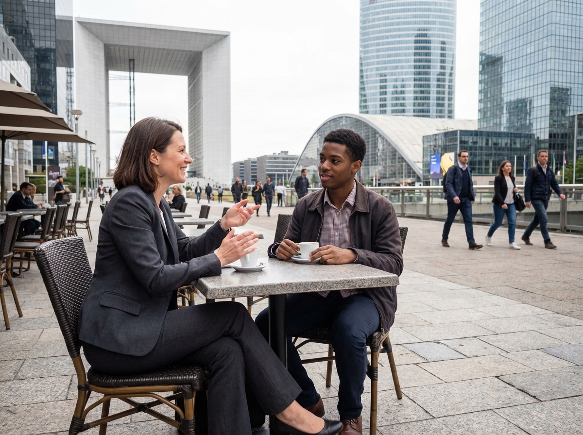 Conversation entre une femme et un jeune homme à Paris
