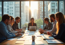 Groupe de professionnels en réunion dans un bureau lumineux