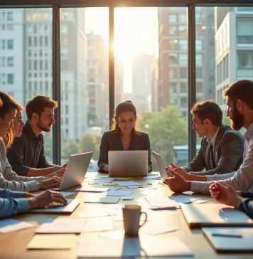 Groupe de professionnels en réunion dans un bureau lumineux