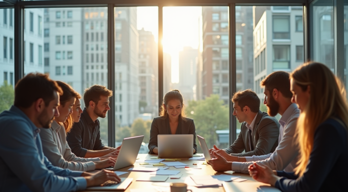 Groupe de professionnels en réunion dans un bureau lumineux