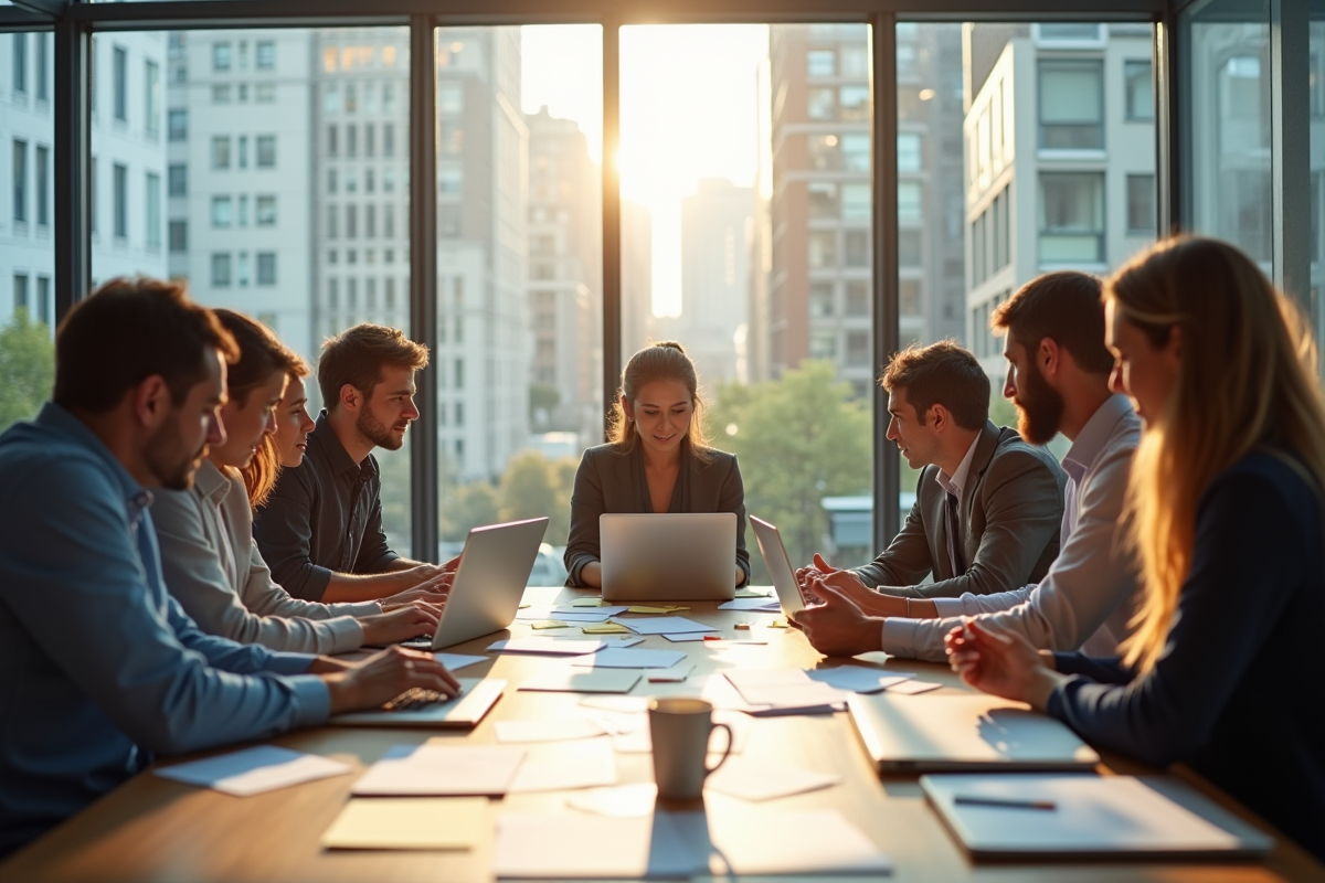 Groupe de professionnels en réunion dans un bureau lumineux