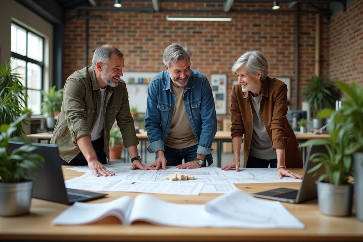Équipe de professionnels collaborant autour de prototypes éco-responsables dans un atelier industriel durable
