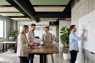 Équipe de professionnels collaborant autour d'un bureau debout dans un open space moderne avec des panneaux acoustiques et des plantes