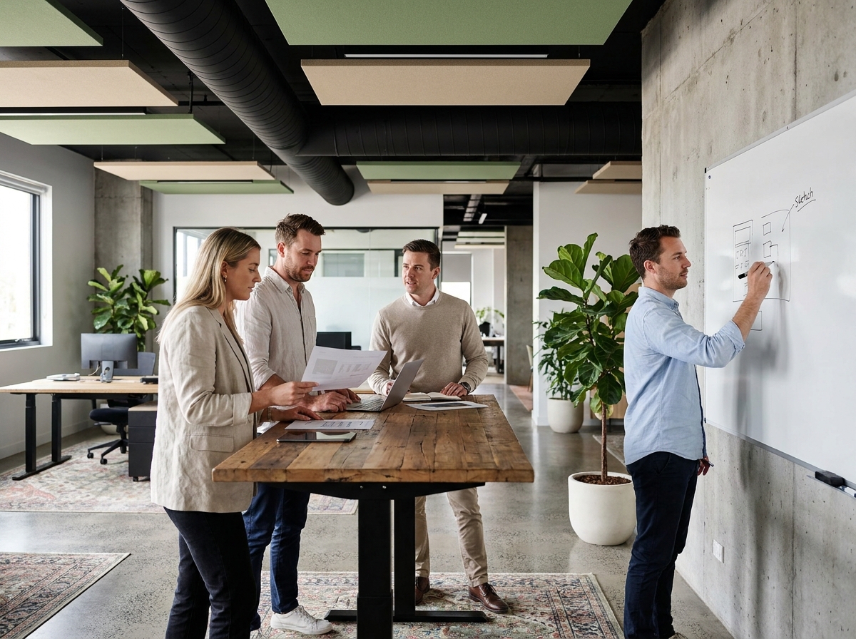 Équipe de professionnels collaborant autour d'un bureau debout dans un open space moderne avec des panneaux acoustiques et des plantes