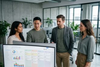 Équipe diversifiée collaborant autour d'un espace de travail IA sur grand écran dans un bureau moderne en open space