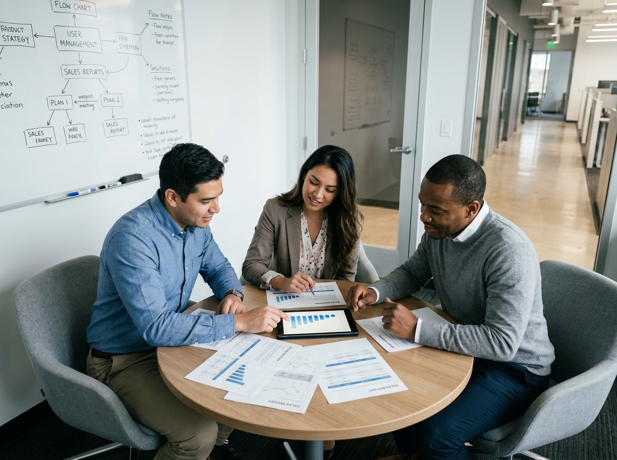 Équipe commerciale en session de formation courte autour d'une table, avec supports pédagogiques et tablette numérique