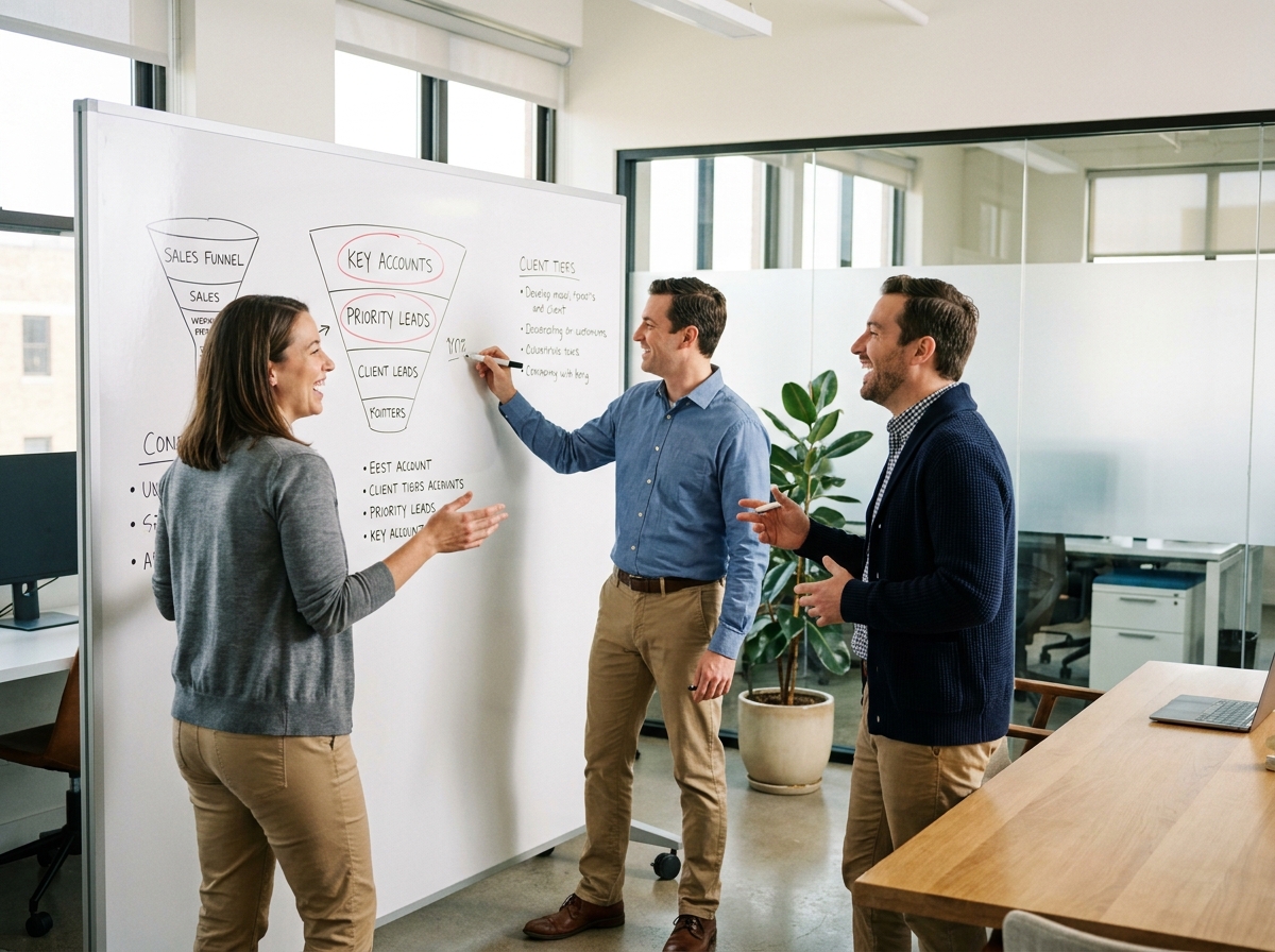 Équipe commerciale en réunion de qualification de prospects autour d'un tableau blanc avec entonnoir de vente