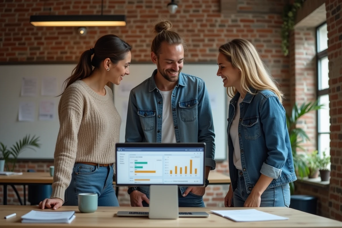 Équipe CSE réunie autour d'un tableau de bord de billetterie en ligne pour organiser des événements salariés