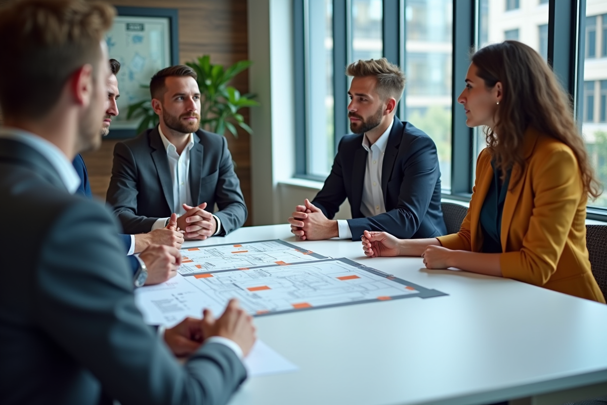 Equipe diverse discutant plans immobiliers autour d