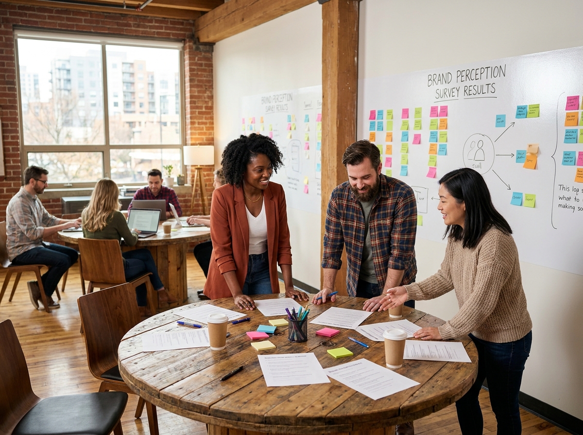Équipe pluridisciplinaire collaborant sur une étude de notoriété de marque avec questionnaires et tableau blanc dans un espace de coworking