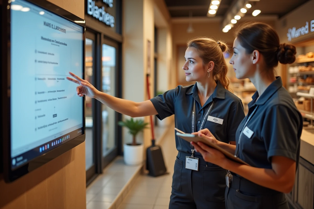 Deux employ&eacute;es Marie Blach&egrave;re consultant un &eacute;cran intranet dans le couloir du personnel