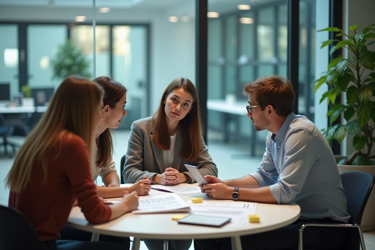 Équipe de professionnels en réunion autour d'une table analysant des rapports, illustrant la prise de décision collective sur un nouvel outil ou service