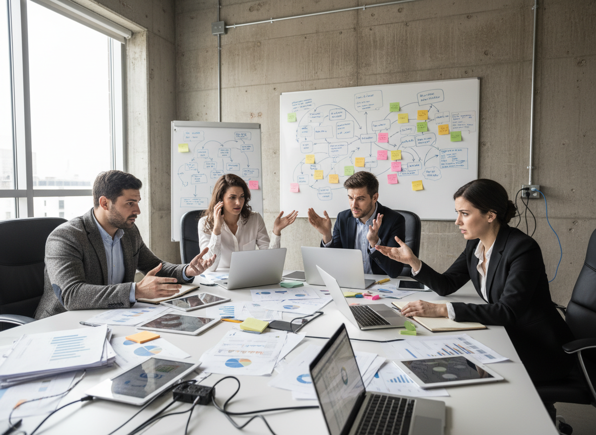 Groupe de quatre professionnels en réunion de travail