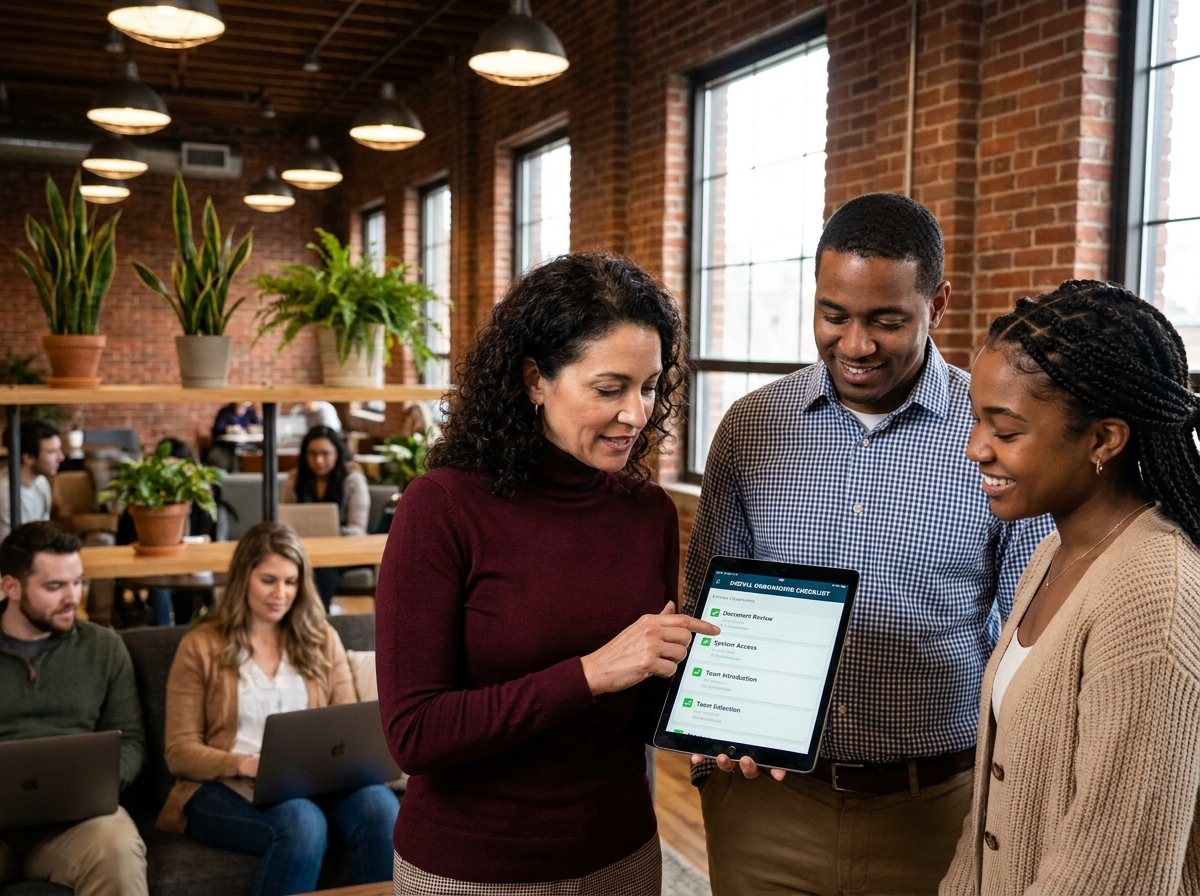Une équipe pluridisciplinaire RH et managers consulte une checklist d'onboarding numérique sur tablette dans un espace de coworking