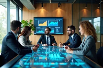 Groupe de professionnels en réunion dans un espace moderne